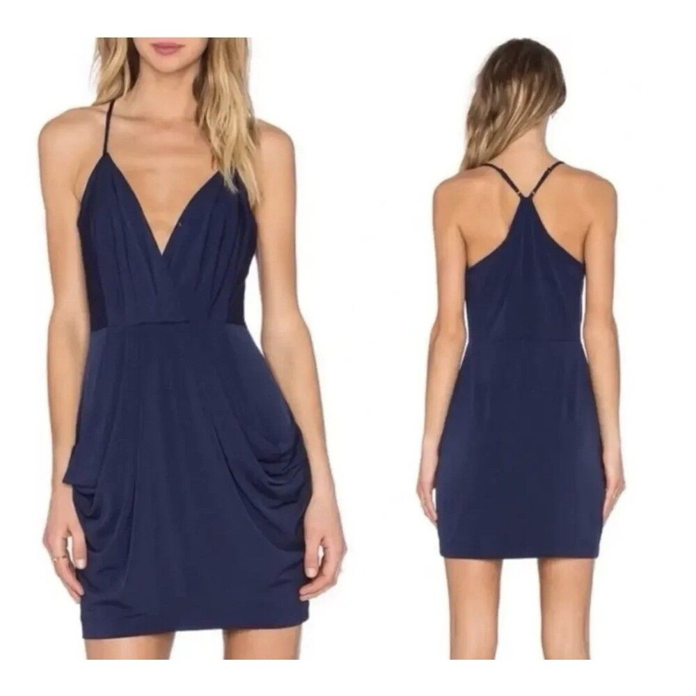 BCBGEneration Womens Drape Pocket Dress Sz M Navy Blue Pleated Cocktail Mini NWT